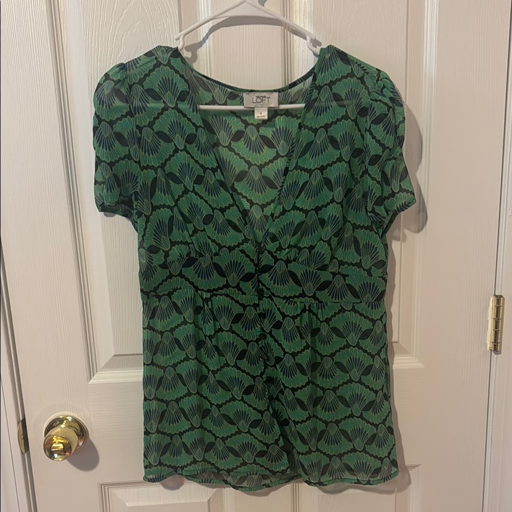 LOFT Green Flutter Sleeve Wrap Blouse